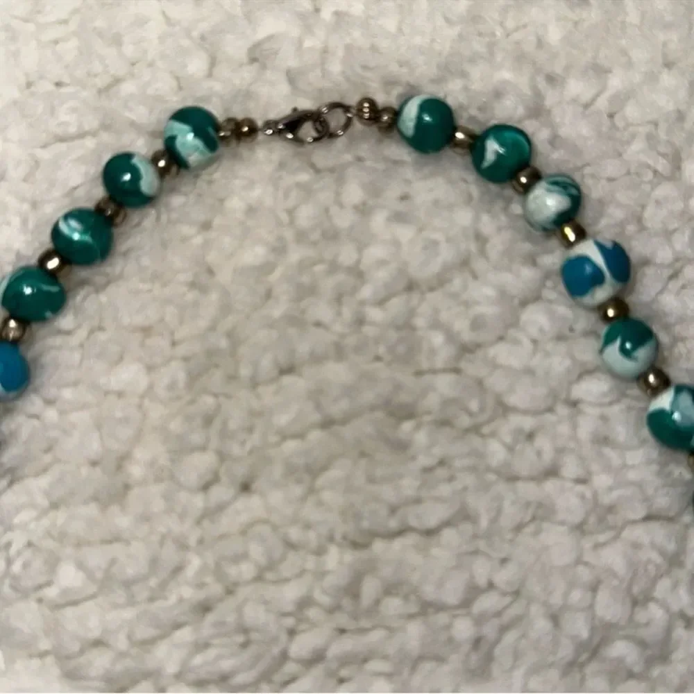 BLUE GREEN GOLD MARBLE TONES WOODEN NECKLACE
